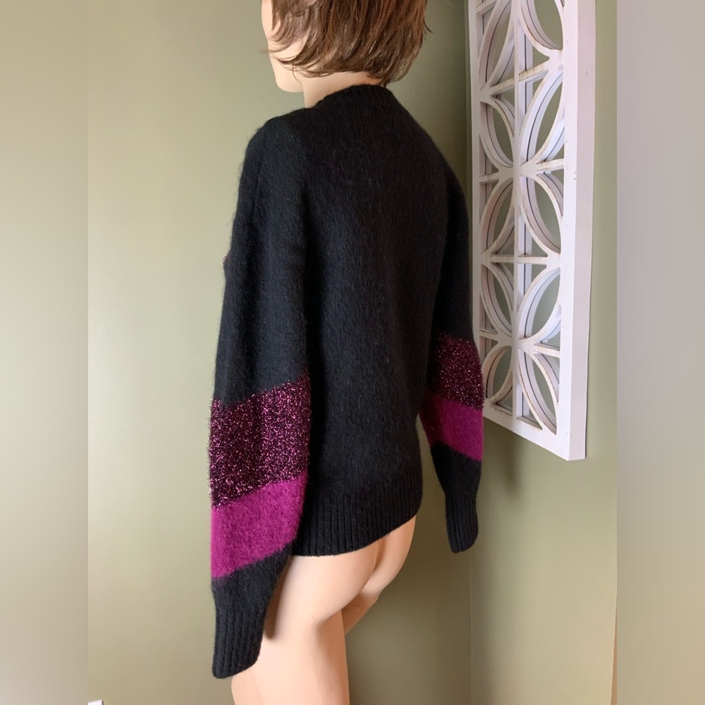 Black & Magenta Alpaca/Wool Blend Women's Crewneck Sweater - Picture 4 of 6
